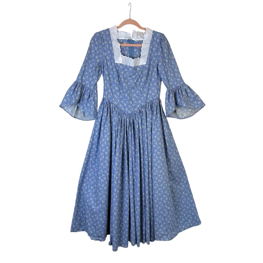 Vintage 1970s Prairie Calico‎ Maxi Dress Blue Floral Cottagecore Handmade